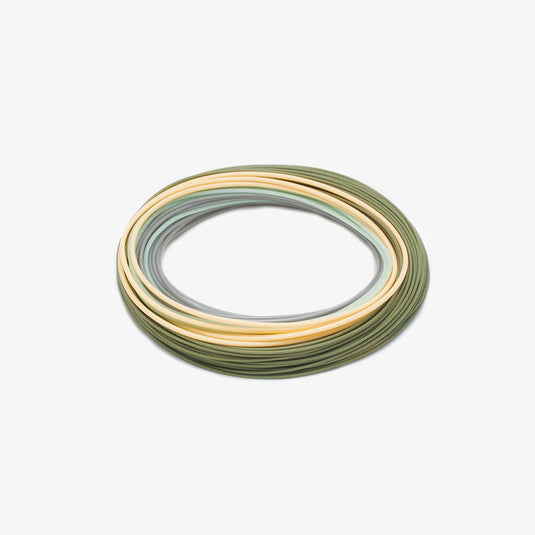 Coiled fly fishing spey line spool, mixed olive, tan, and pale green stripes