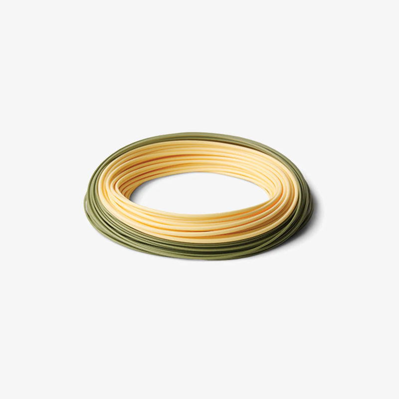 Load image into Gallery viewer, Coiled fly fishing spey line spool, dark olive and tan striped color
