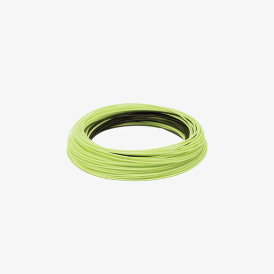 Lime green fly line spool with darker inner loops, neatly coiled