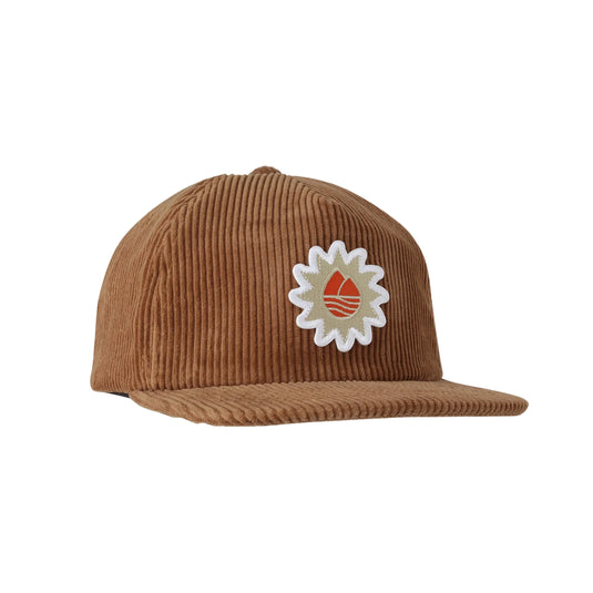 Khaki corduroy baseball cap with embroidered sun logo patch