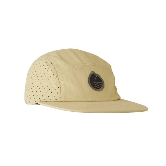 Tan baseball cap with perforated side panels and circular logo patch