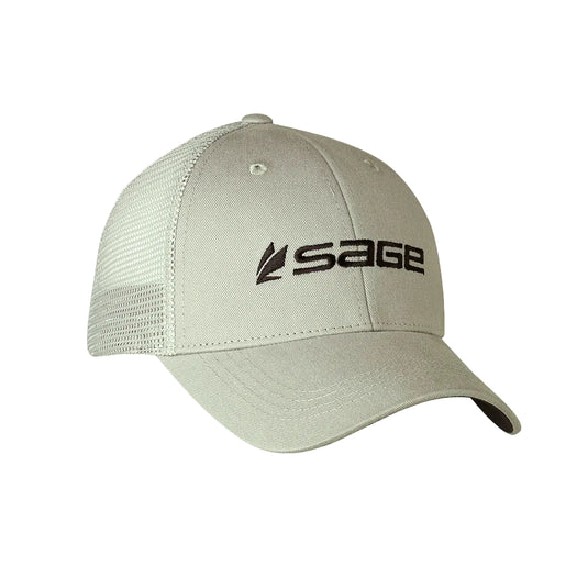 Sage mesh-back cap, light sage green with curved brim and front logo