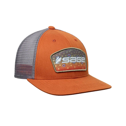 Orange trucker hat with dark mesh back and Sage patch front logo