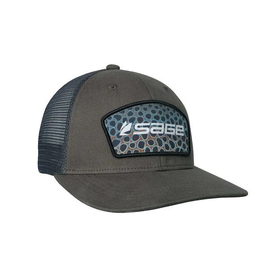 Sage patch trucker cap, dark gray front and black mesh back, curved brim