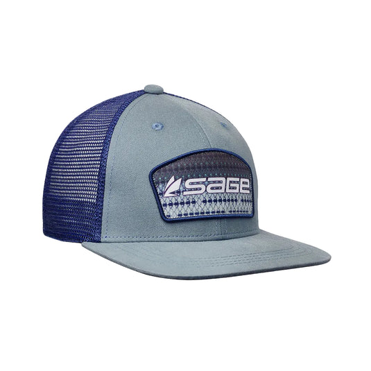 Two-tone trucker cap with embroidered patch logo, light gray front and dark blue mesh