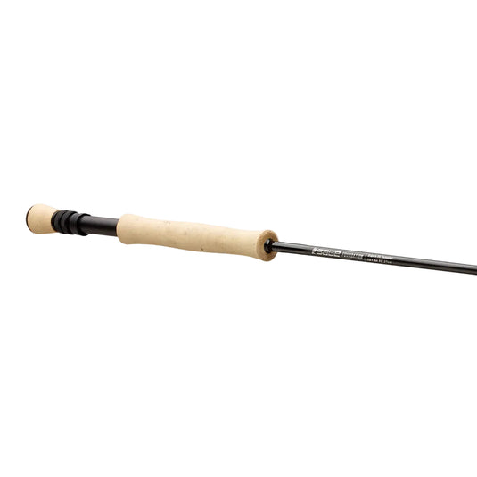 Fly fishing rod with tan cork handle and black reel seat