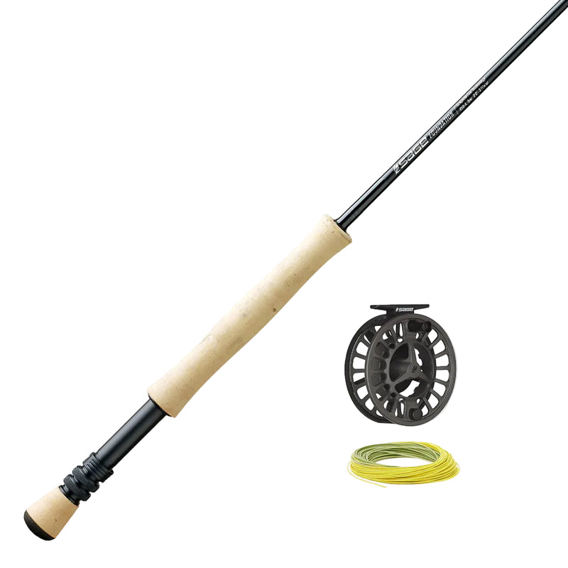 Load image into Gallery viewer, Fly fishing rod with tan handle, with reel and lime-yellow fly line
