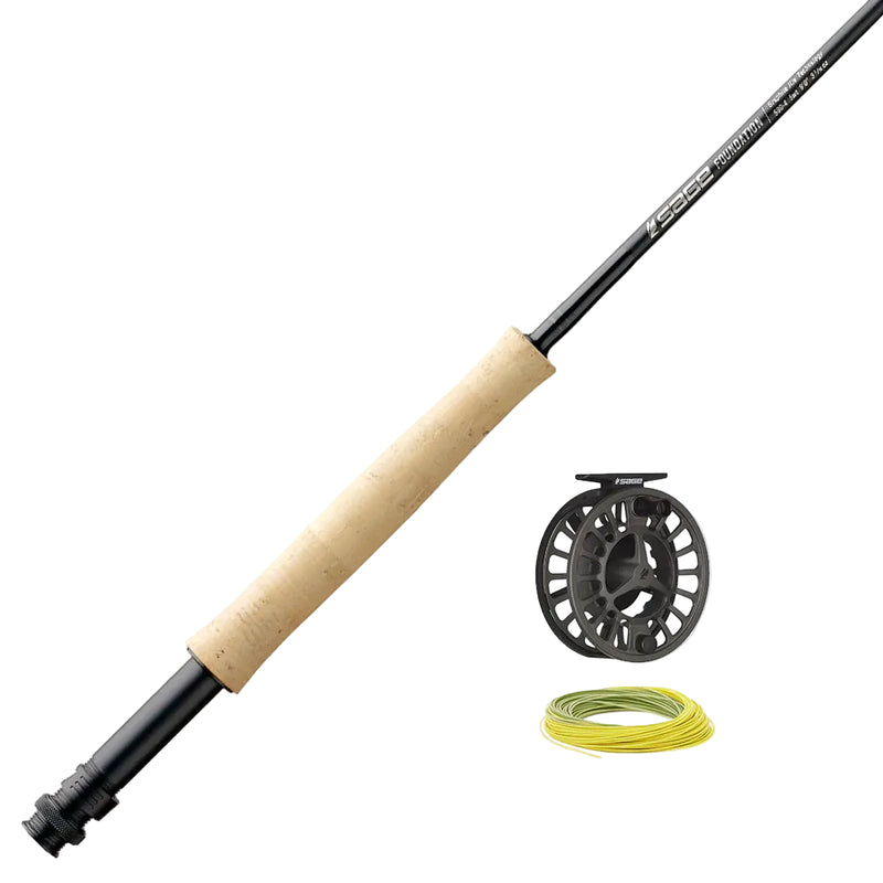 Load image into Gallery viewer, Fly fishing rod with tan handle, with reel and lime-yellow fly line
