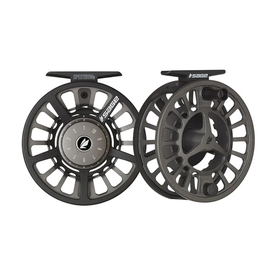 Two black fly reels with SAGE labels and numbered dial