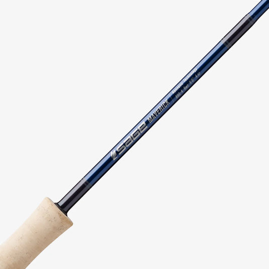 Fishing rod shaft with blue finish and raised Sage Maverick lettering