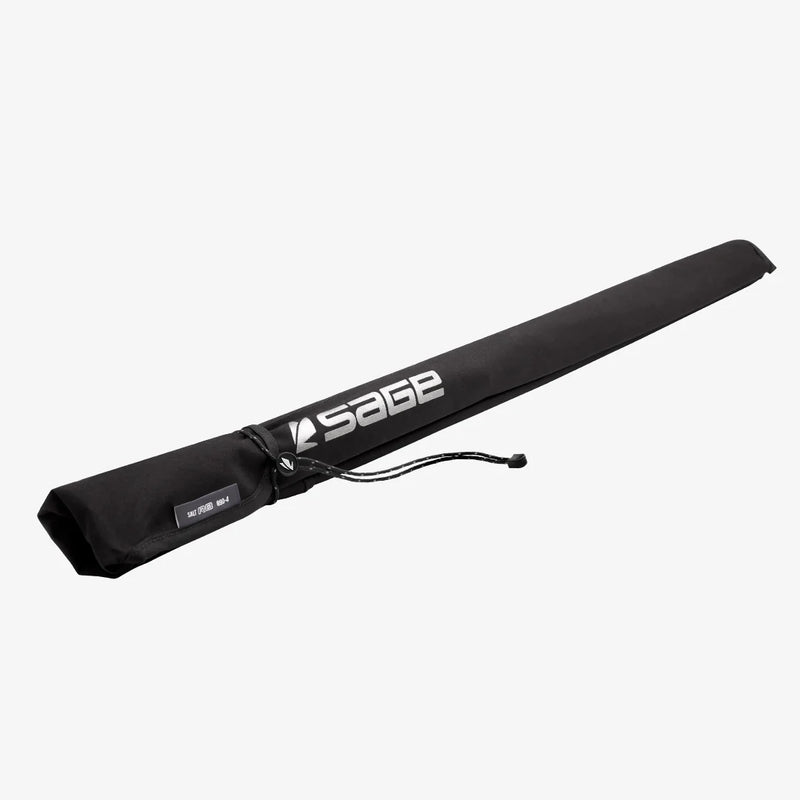 Load image into Gallery viewer, Fishing rod bag sleeve with Sage logo and drawstring, black fabric
