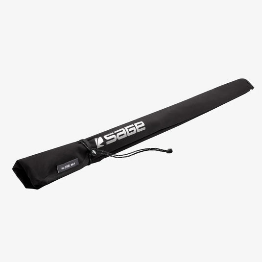Fishing rod bag sleeve with Sage logo and drawstring, black fabric