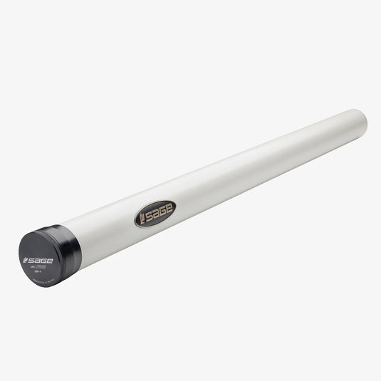 Sage fishing rod tube case with black end cap, smooth white exterior