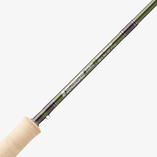 Sage Sonic Switch fishing rod blank detail with cork grip and printed branding