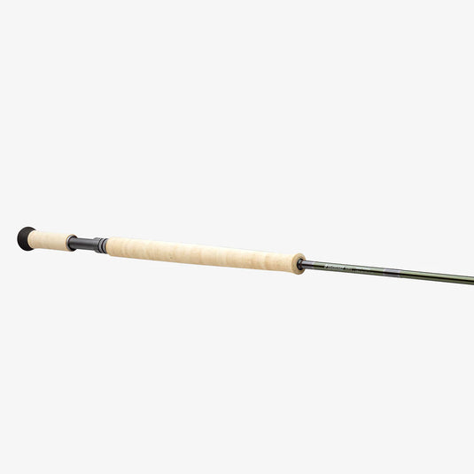 Fishing rod with cork handle and black reel seat, full-length view