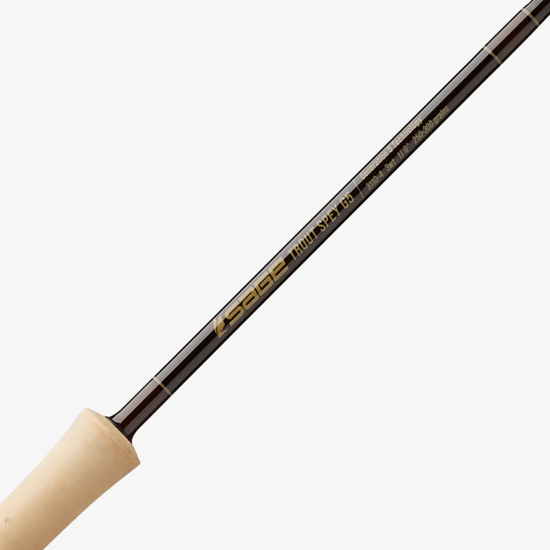 Load image into Gallery viewer, Spey fishing rod blank with printed branding and light cork grip near the handle.
