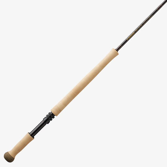 Spey fishing rod segment with light cork grip and black spacer rings.