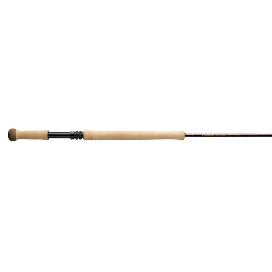 Spey fishing rod with cork handle and dark grip near the butt.