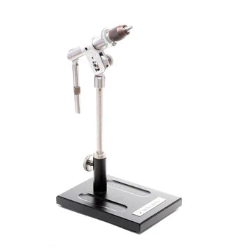 Pedestal vise with black base, silver post, angled tool head and clamp