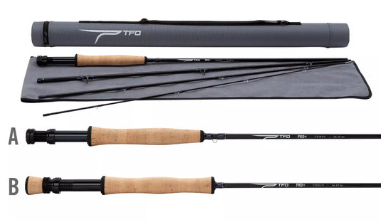 Fishing rod with cork handle in gray zippered case, laid out flat.
