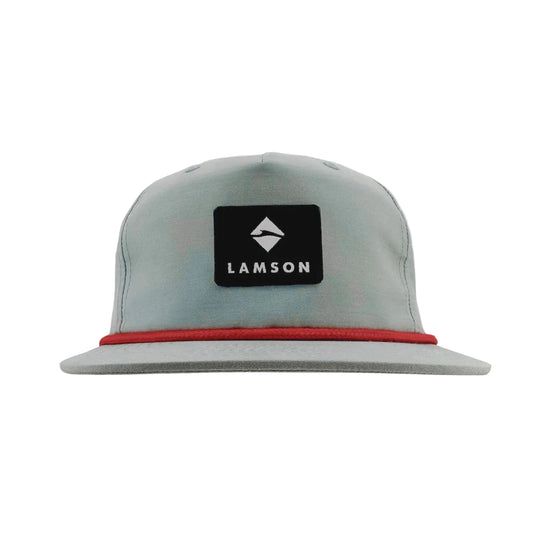 Seafoam flat-bill rope cap with red trim, front Lamson logo patch