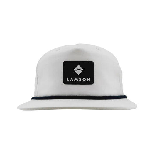 White flat bill cap with black Lamson logo patch