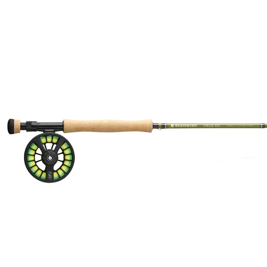 Fishing field kit with fly rod and green-and-yellow reel