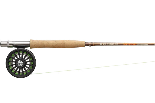 Fishing rod and fly reel combo with cork handle and black fly reel