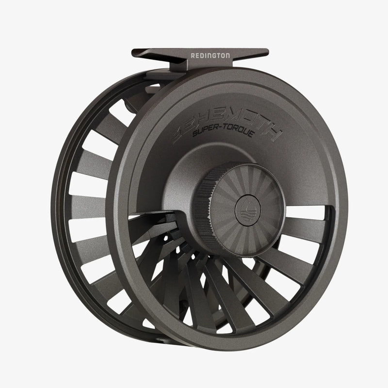 Load image into Gallery viewer, Gunmetal grey fly reel with engraved spool and perforated reel spokes
