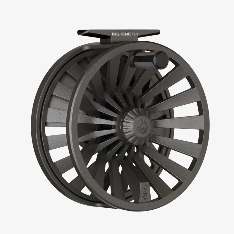 Load image into Gallery viewer, Gunmetal grey fly reel with arched handle and perforated spoke design
