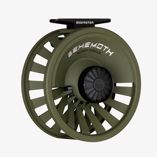 Olive fly reel with engraved spool and perforated spoke design