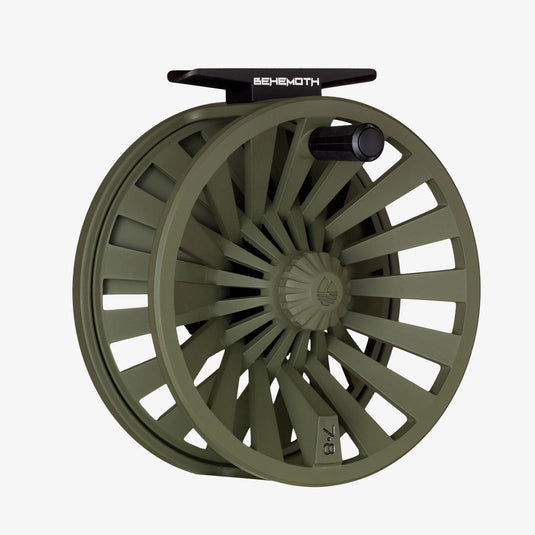 Olive fly reel with dark handle knob and perforated spoke design