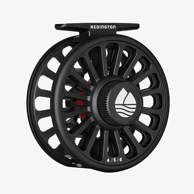 Load image into Gallery viewer, Redington Crosswater fly reel, black vented frame and spool with red drag accents
