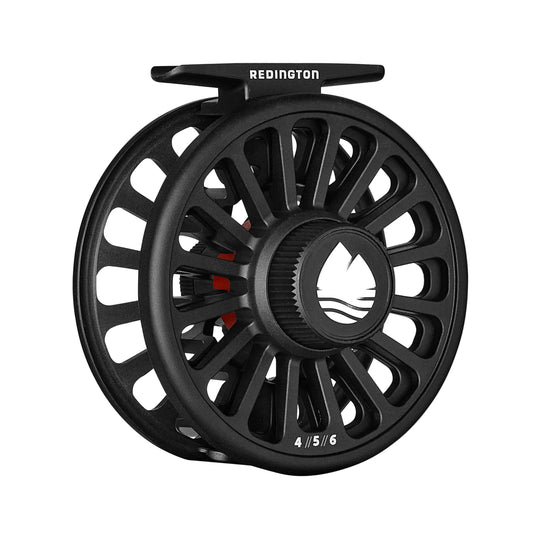 Redington Crosswater fly reel, black spool with red accents and vented frame