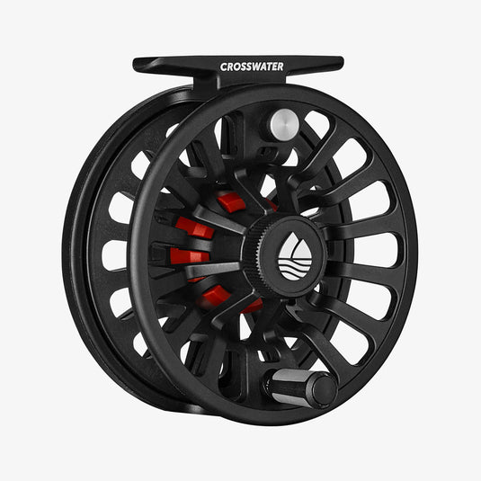Redington Crosswater fly reel, black spool with CROSSWATER label and red drag accents