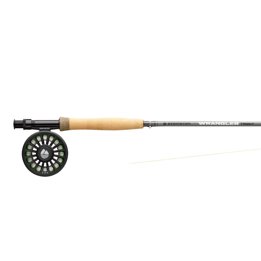 Redington Wrangler fly fishing rod and reel, showing handle and line