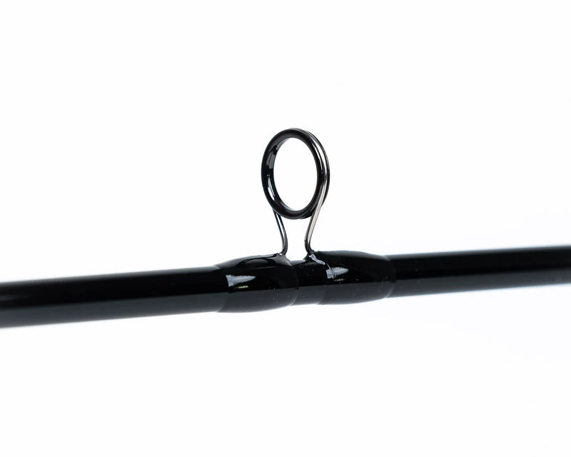 Load image into Gallery viewer, Black fishing rod with metal line guide ring near the middle
