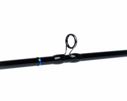 Black fishing rod line guide ring with small blue marking