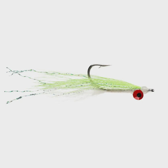 White and chartreuse Clouser minnow fishing fly with red eye and silver hook