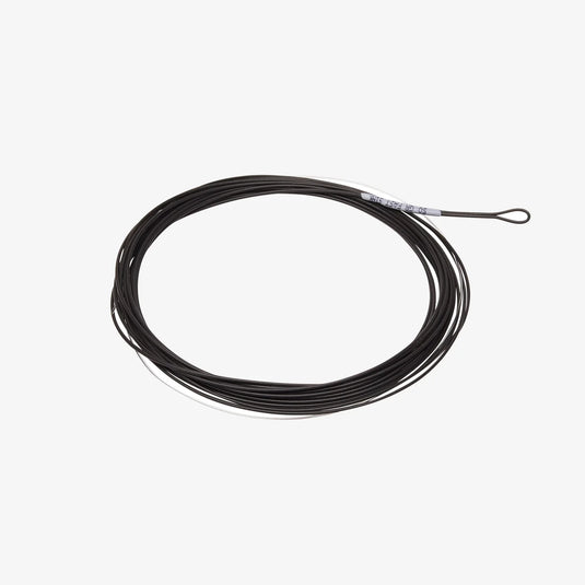 Black sinking fishing leader line, 7 ft, coiled spool with loop end.