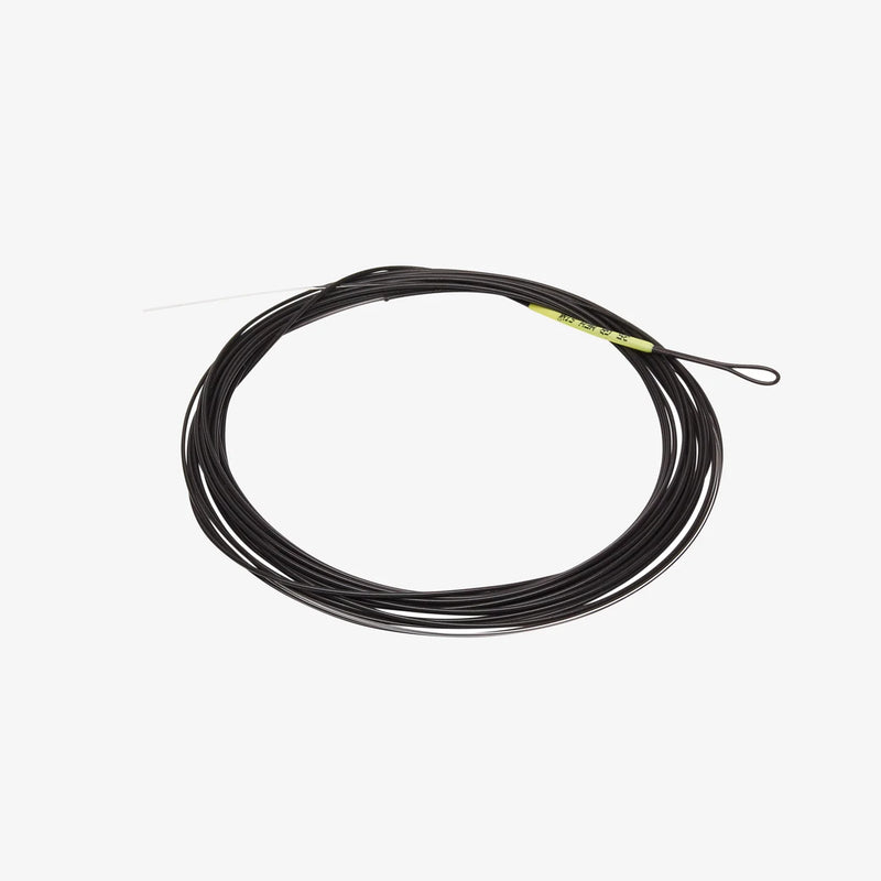 Load image into Gallery viewer, Black sinking fishing leader line with green label, coiled spool and loop end.

