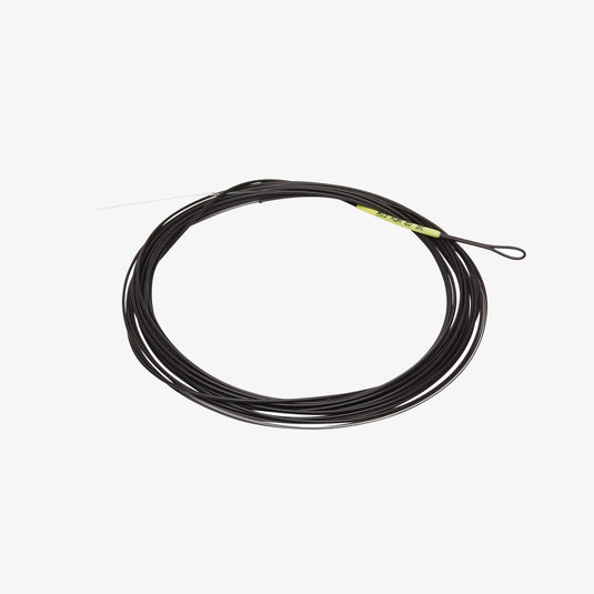 Black sinking fishing leader line with green label, coiled spool and loop end.