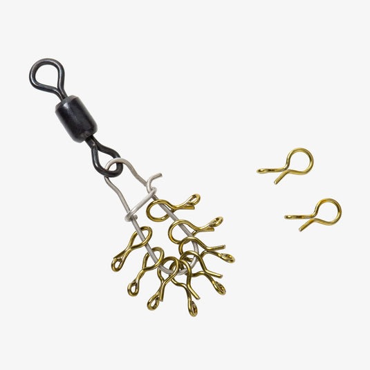 Fly clips with black snap connector and gold wire hooks
