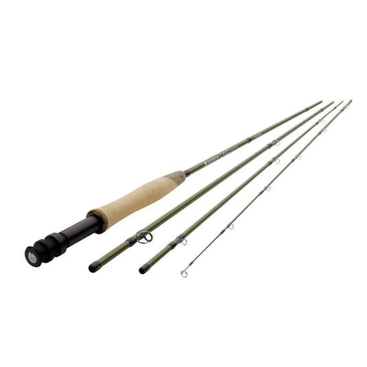Fishing rod with beige handle and four line guides