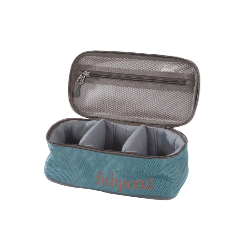 Load image into Gallery viewer, Medium reel case open with teal interior organizers and a zippered top cover
