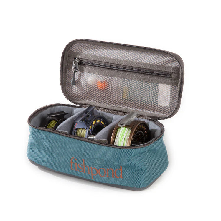 Load image into Gallery viewer, Medium reel storage case with teal fabric, dark trim, and zippered mesh top
