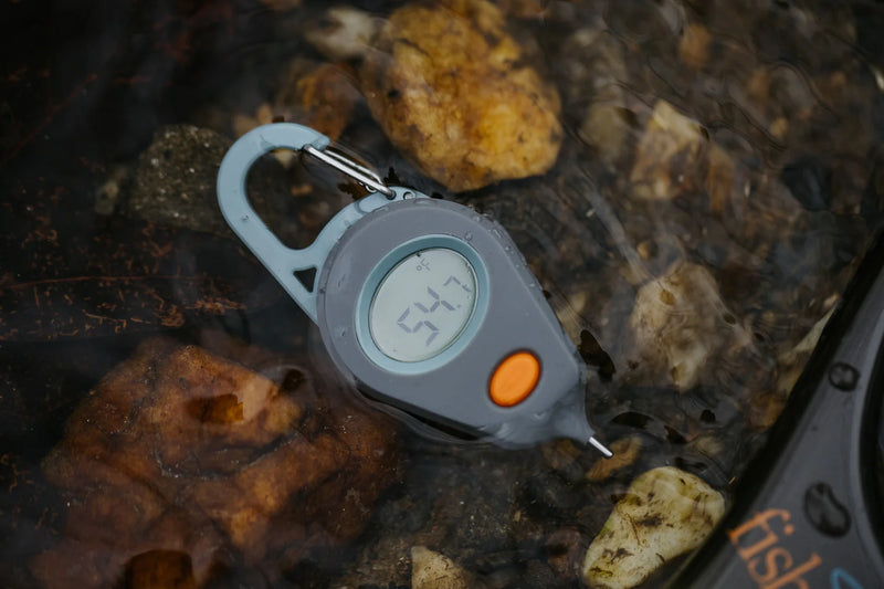 Load image into Gallery viewer, Digital thermometer keychain-style with screen, orange button, gray casing
