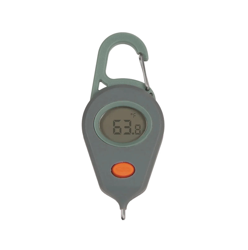 Load image into Gallery viewer, Digital thermometer with circular display and orange button, gray case
