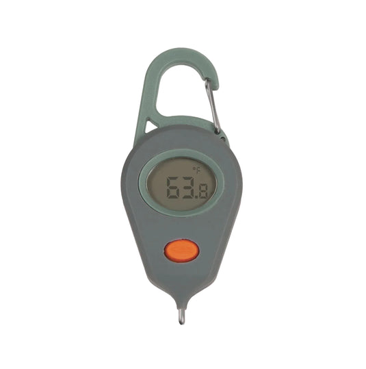 Digital thermometer with circular display and orange button, gray case