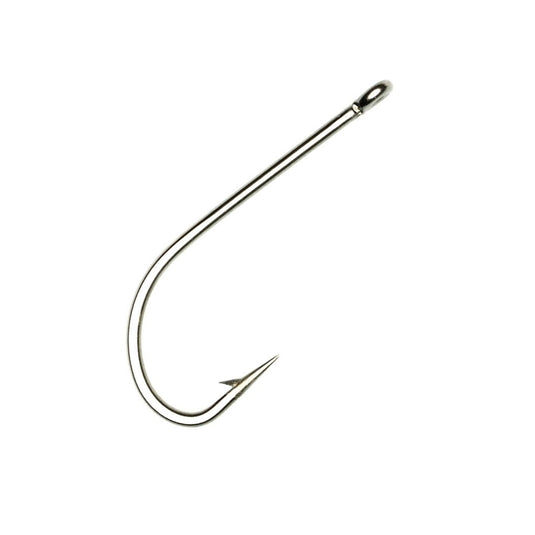 Single stainless steel fishing hook with curved shank and pointed barb